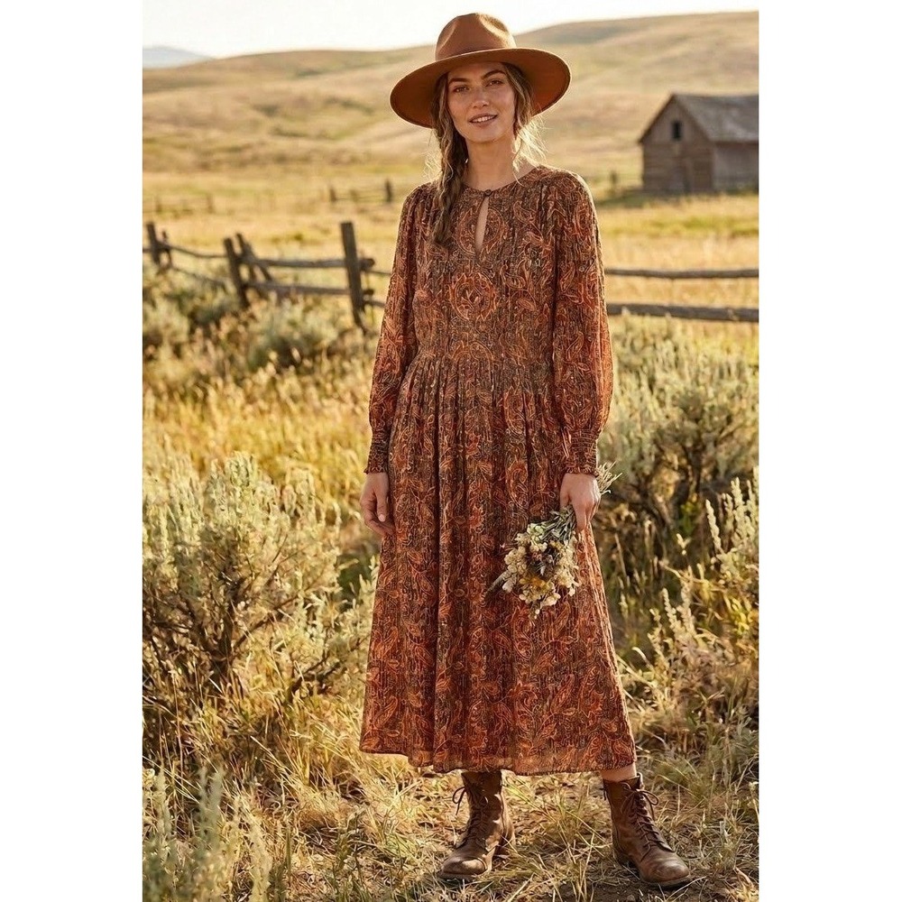 J Jill Shimmering Paisley Maxi Dress Women M Tall Brown Boho Prairie Cottage NEW